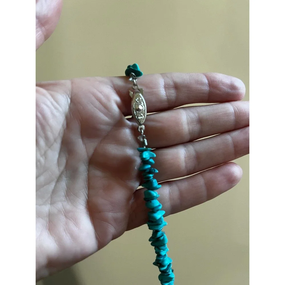 Vintage Turquoise Chip Nugget Necklace Blue Boho Desert Silver Artisan Earthy